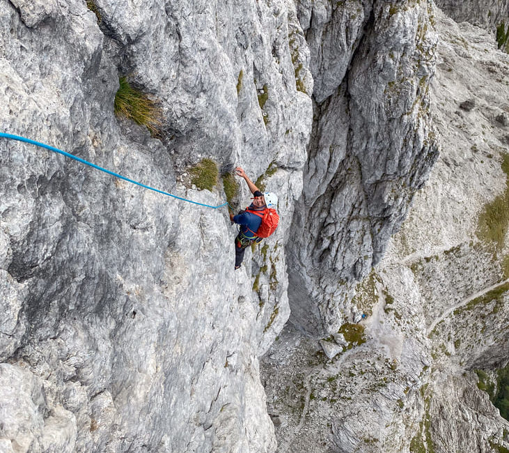 Steile Kletterei in der Route "Supermix"
