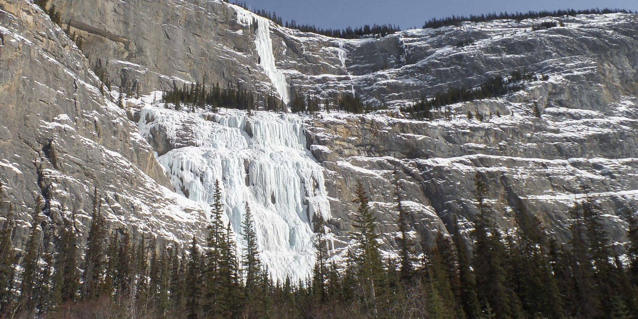 Die "Weeping Wall", 5 Minuten weg von der Straße ist dieses breite Eisschild eines der Wahrzeichen des Eisklettern in den Rocky Mountains.