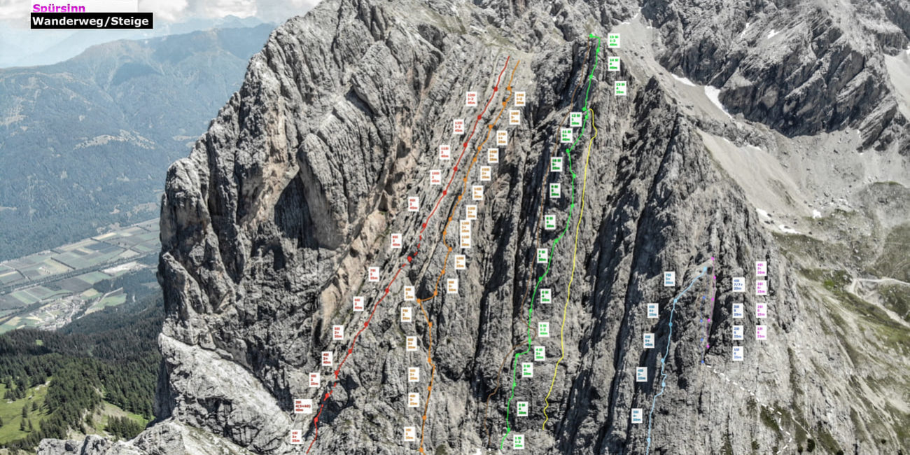 Übersicht der Klettertouren an der kleinen Laserzwand in den Lienzer Dolomiten.